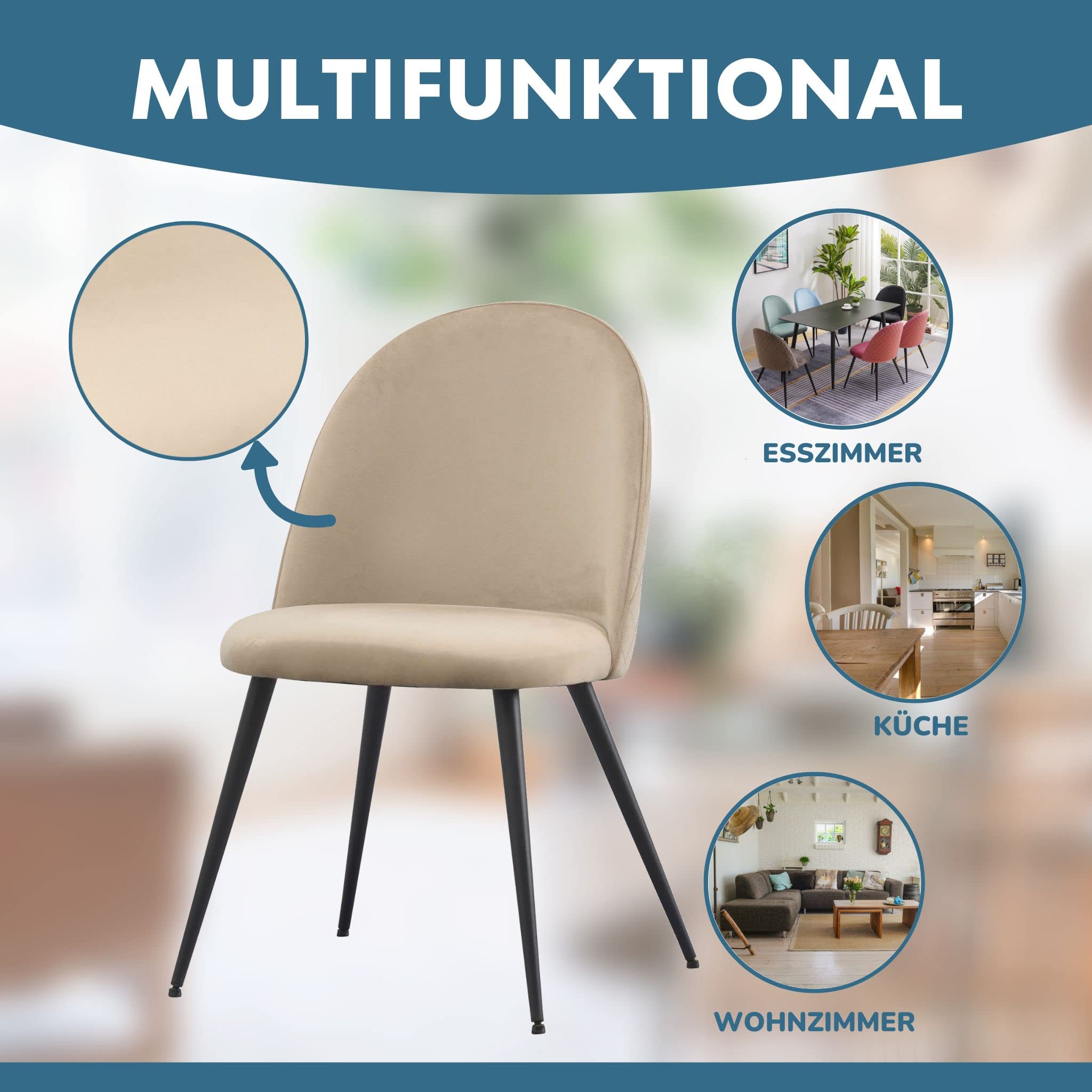 ALBATROS Esszimmerstühle mit Samt-Bezug 4er Set Capo, Beige - Stilvolles Vintage Design, Samt-Bezug, SGS geprüfter Polsterstuhl - Moderner Küchenstuhl, Stuhl Esszimmer oder Esstisch Stuhl