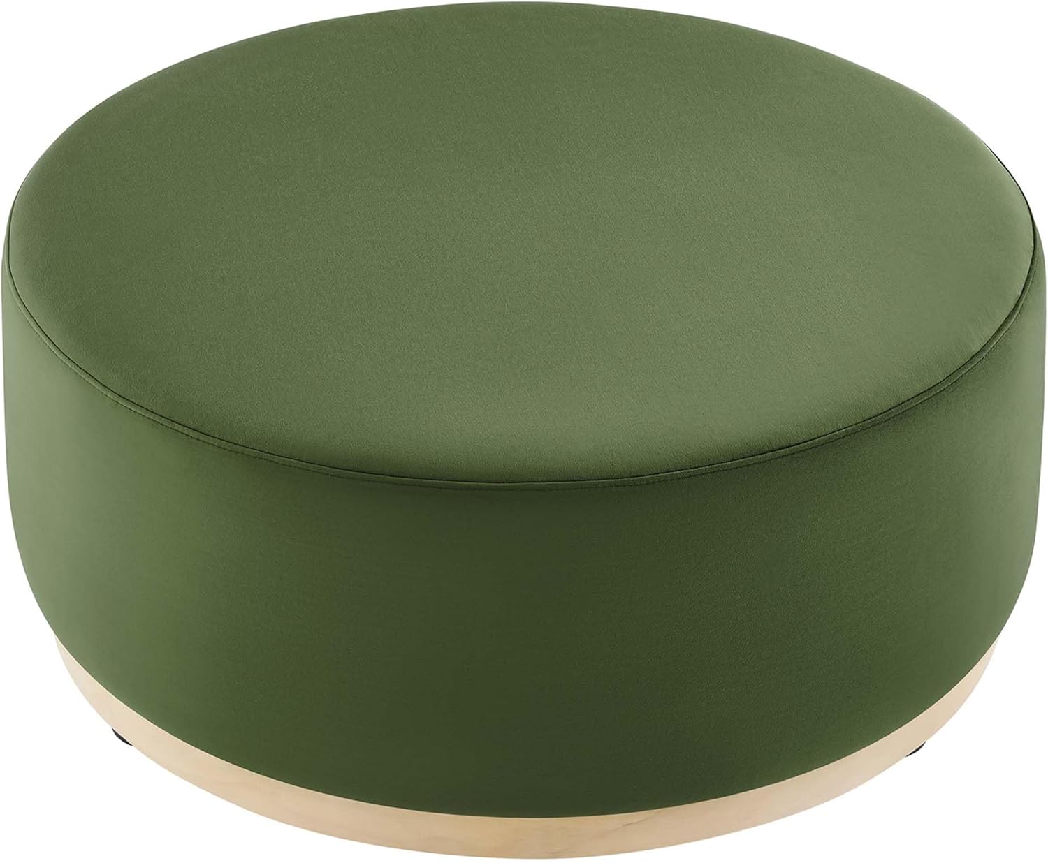 Modway Tilden 38 Inch Round Performance Velvet Upholstered Ottoman in Moss Green Natural - Round Ottoman Coffee Table for Living Room, Large Ottoman Foot Rest with Rubberwood Plinth Base