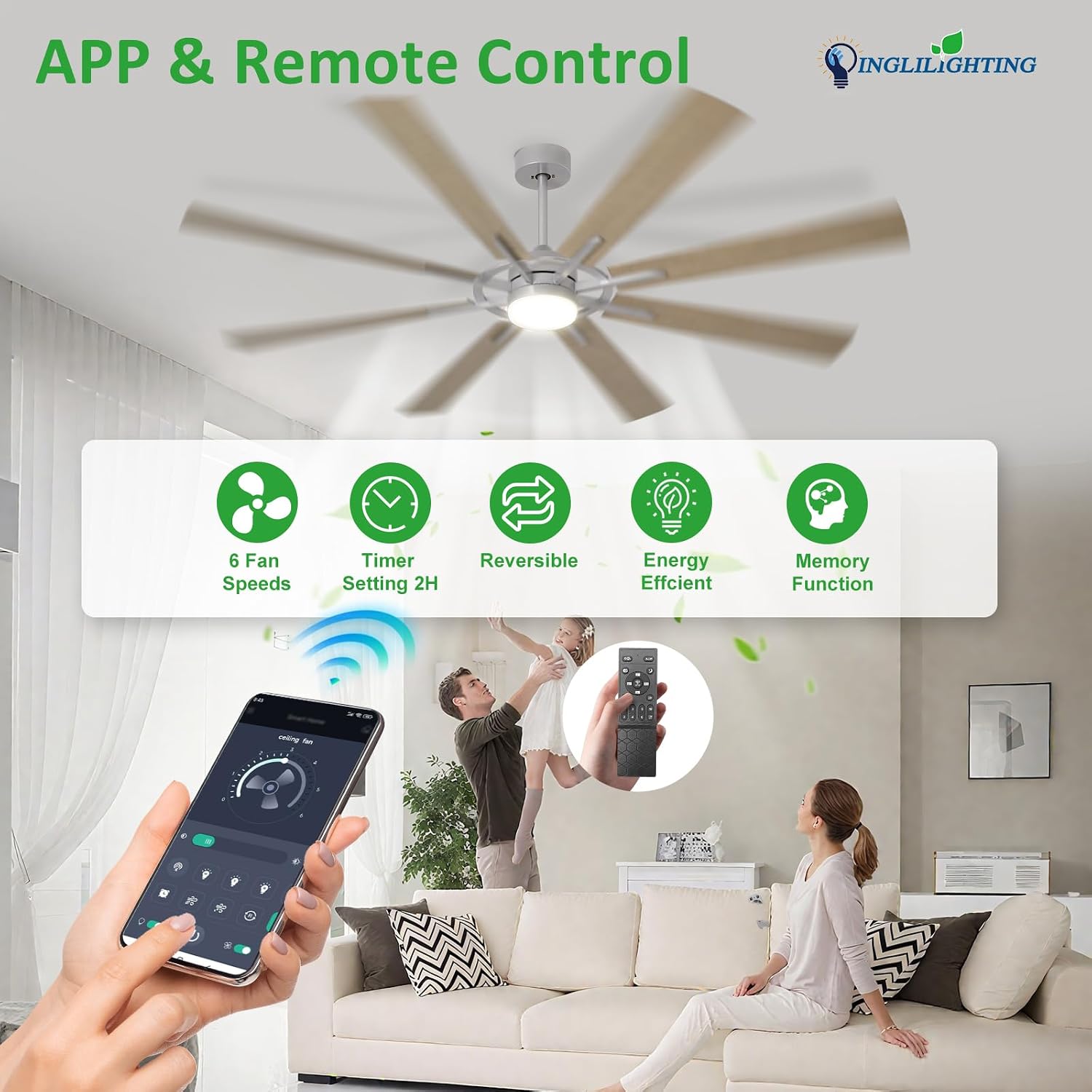 DLLT 72-Inch Ceiling Fan with Light: Farmhouse 8-Blade Silver Wood Grain Indoor Outdoor Fans with Remote App Control Dimmable Light - Ultra Quiet DC Motor Reversible 6 Speed Timer