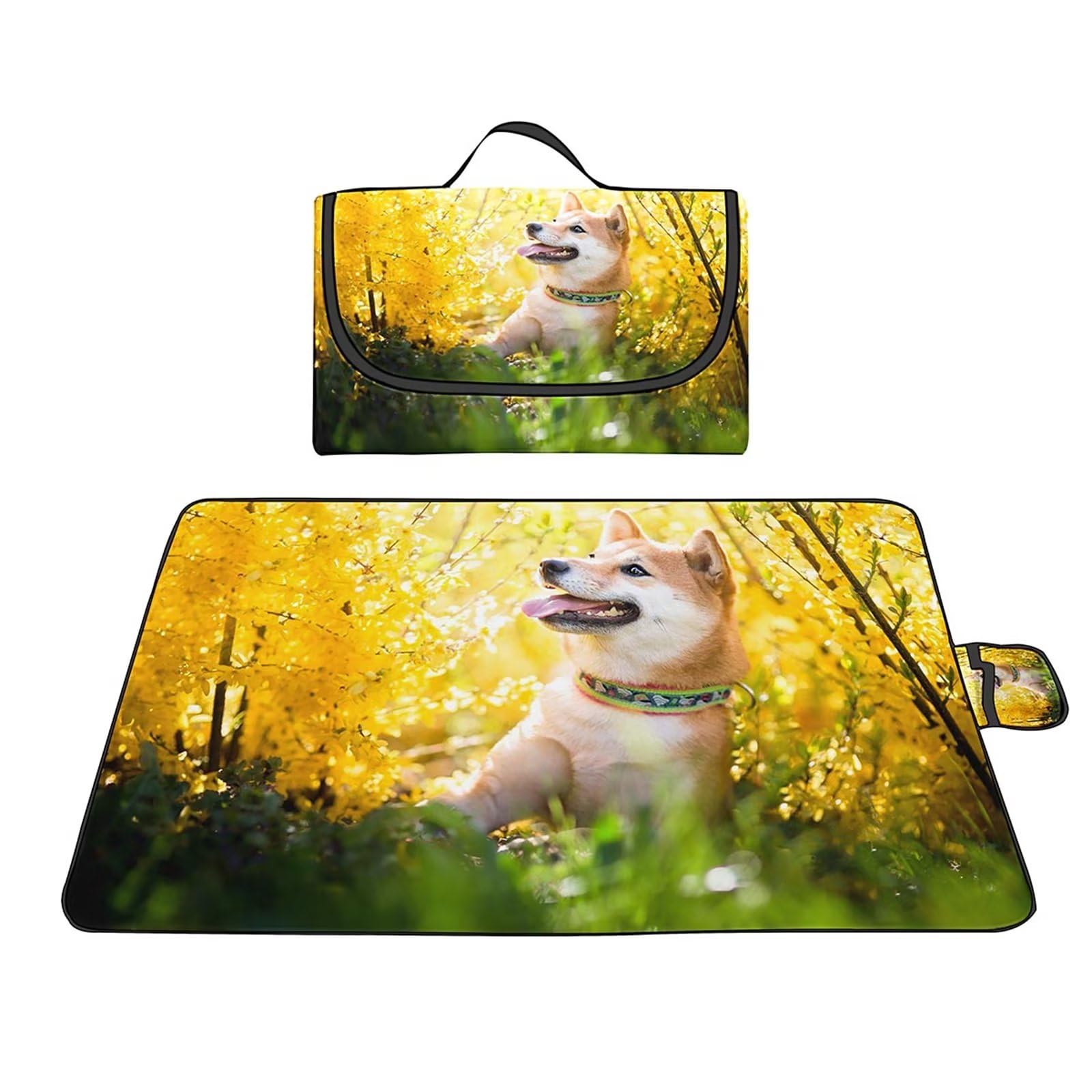 Couverture Pique-nique Imperméable 180x200cm,Couverture Plage Extérieure XXL Tapis de Plage,Chien de paysage jaune Camping Couverture étanche Pique-nique avec Poignée pour Camping Randonnée Parc Plage