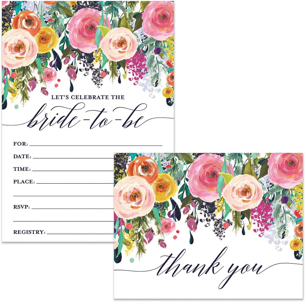 Bride-to-Be Shower Invitations & Folded Thank You Cards ( 25 of Each ) Lovely Matching Set with Envelopes Wedding Party Bridal Maid of Honor Fill-in-Style Invites & Thank You Notes Excellent Value