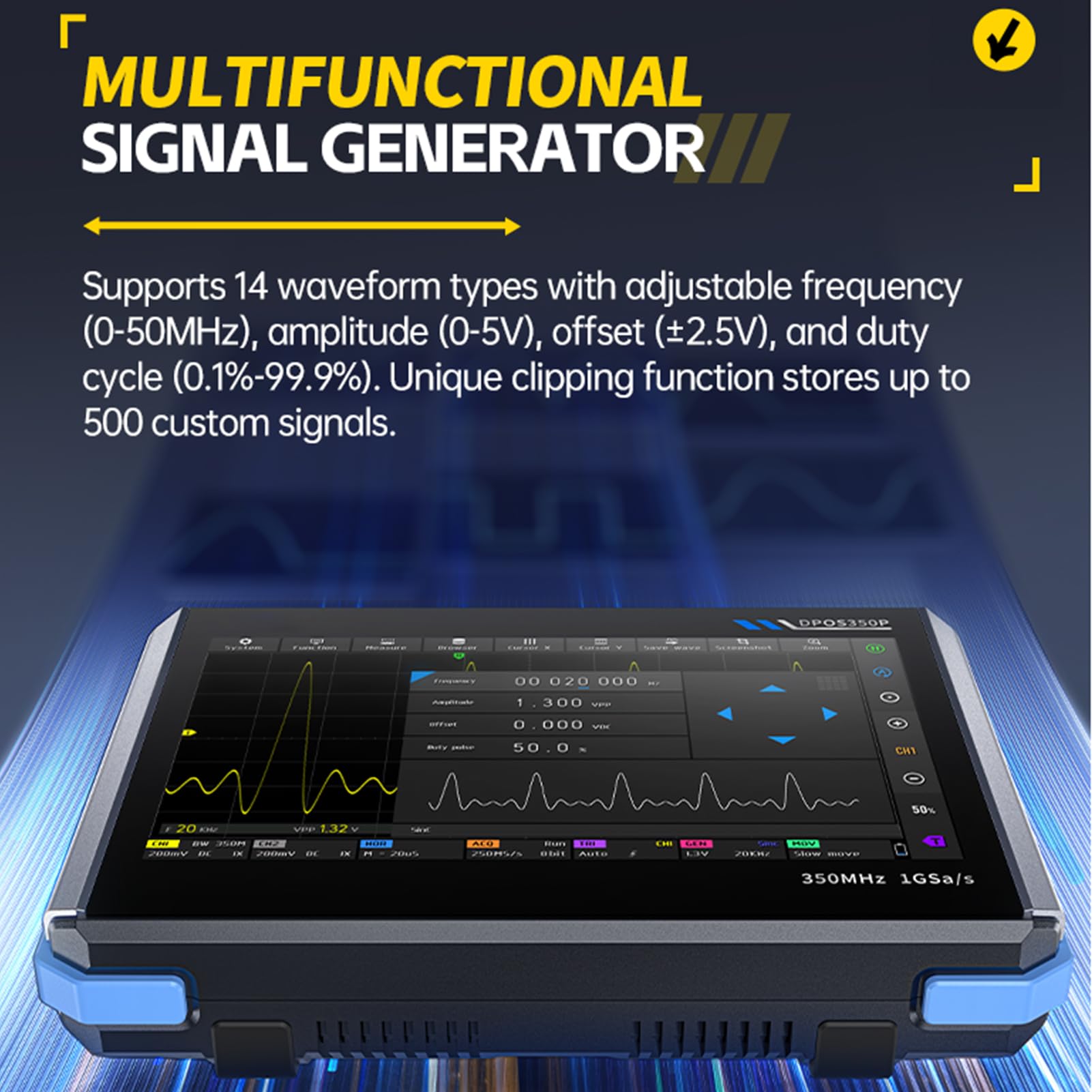 Oscilloscopio DPOS350P, 4 in 1 Oscilloscopio Portatile/Generatore di segnali/Analizzatore di spettro/Analizzatore di risposta in frequenza,Touch screen IPS da 7 pollici