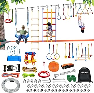 Ninja Warrior Obstacle Course for Kids Backyard Outdoor, 65ft Stainless Steel Main Cable, 65ft Bottom Slackline, Weatherproof, 14 Pcs Training Accessories, Climbing Net, Swing, Ladder