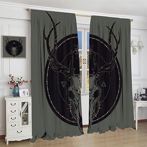 Vista 465 de Cortinas de cabeza de cabra, misteriosa cabeza de cabra malvada, calavera negra, bolsillo para barra, cortinas opacas para ventana, juego de 2