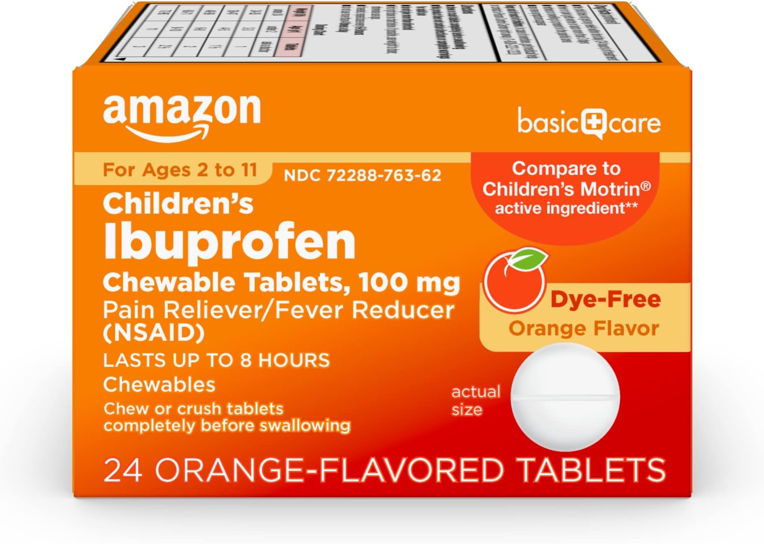 Amazon Basic Care Children's Ibuprofen Chewable Tablets 100 mg, Orange Flavor, Dye Free, Pain Reliever and Fever Reducer (NSAID), For Ages 2-11, 24 Count