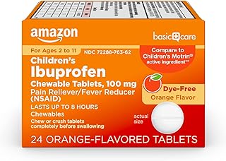 Amazon Basic Care Children’s Ibuprofen Chewable Tablets, 100 mg, Orange Flavor, Pain Reliever and Fever Reducer, 24 Count