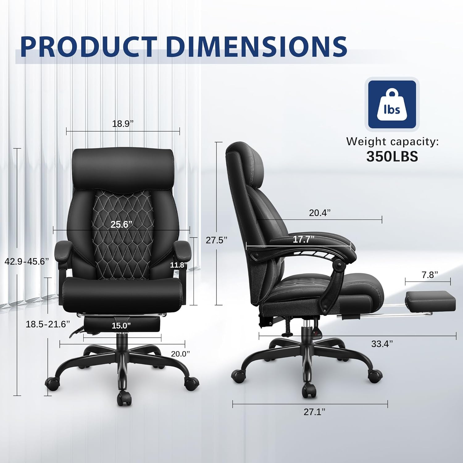 Big and Tall Office Chair with Footrest, Heavy Duty High Back Leather Executive Desk Chair, Reclining Ergonomic Computer Gaming Chair with Adjustable Angle and Thick Padded Arms, Black - Image 2