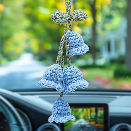 Miniatura 2 de Accesorios para colgar espejos de automóvil, colgante de flor de lirio tejido hecho a mano, bonita decoración colgante de ganchillo para espejo