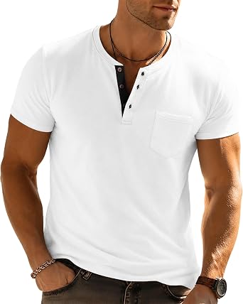 MLANM Men's Cotton Henley Short Sleeve T-Shirt | Lightweight, 3-Button Placket, Classic Design with Front Pocket, Ideal for Holiday, Summer Daily, Casual Outings & Easy Style