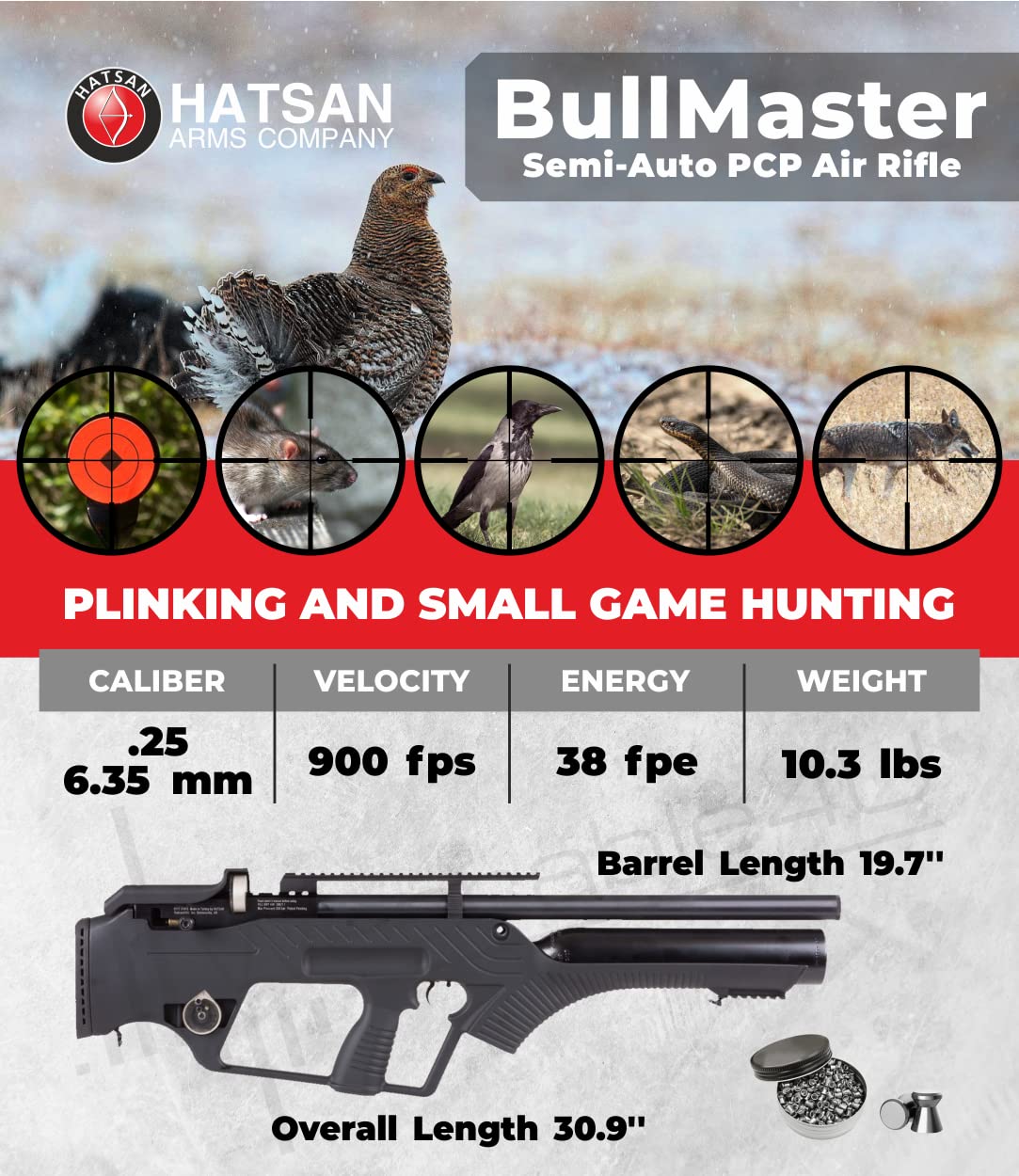 Wearable4U Hatsan BullMaster Semi-Auto PCP .25 Cal Air Rifle with Included 100x Paper Targets and 150x .25cal Pellets Bundle
