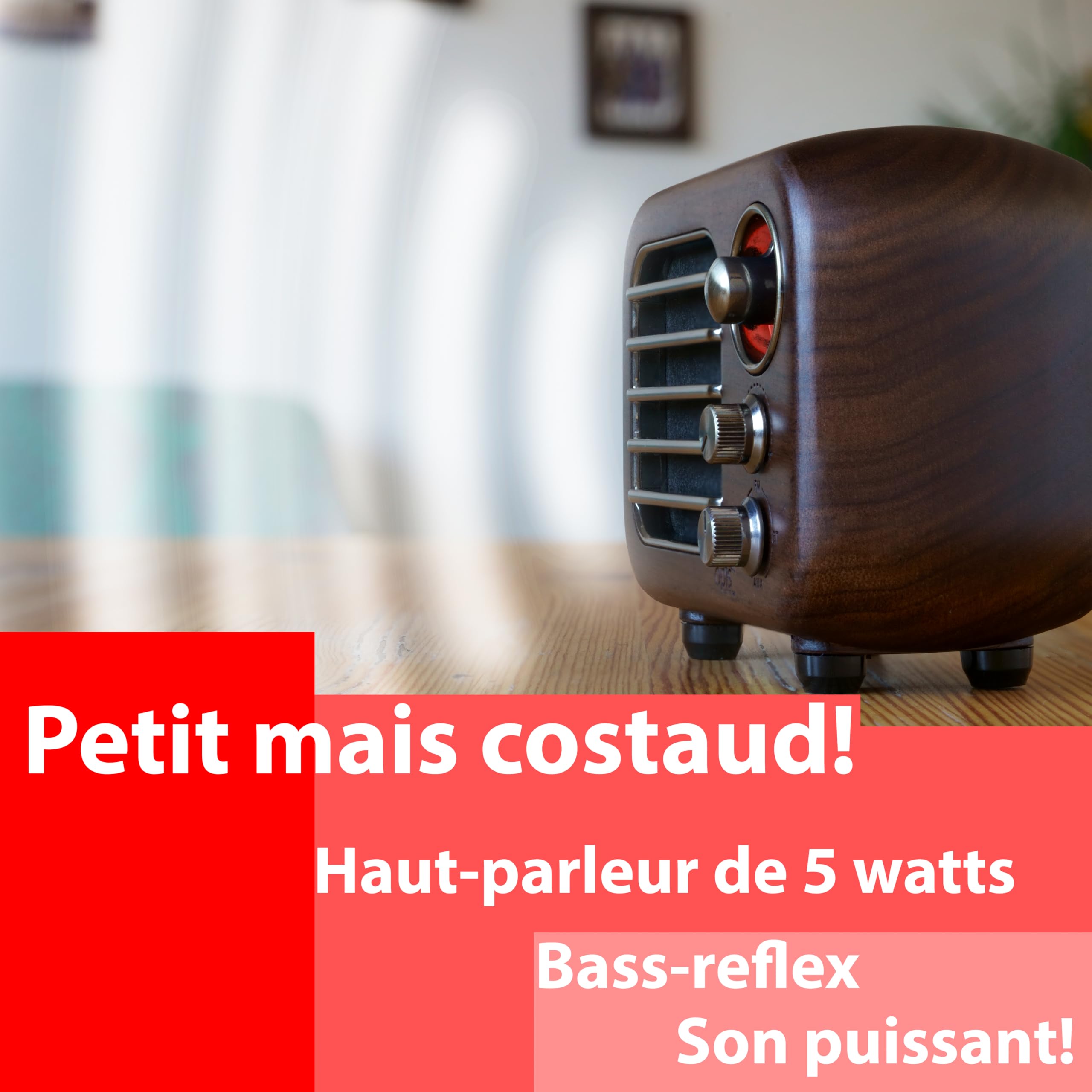 Opis Radio 3 – Petite Radio Portable Rechargeable, dotée de FM et Bluetooth, idéale pour la Maison et Le Chantier, au Style d'un Ancien Poste Radio en Bois (Merisier)