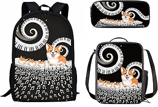 Poceacles 3 Piece Set Cute Kids Backpacks, Music Note with Corgi Print School Backpack with Pencil Case Lunch Box for Boys Girls Teens