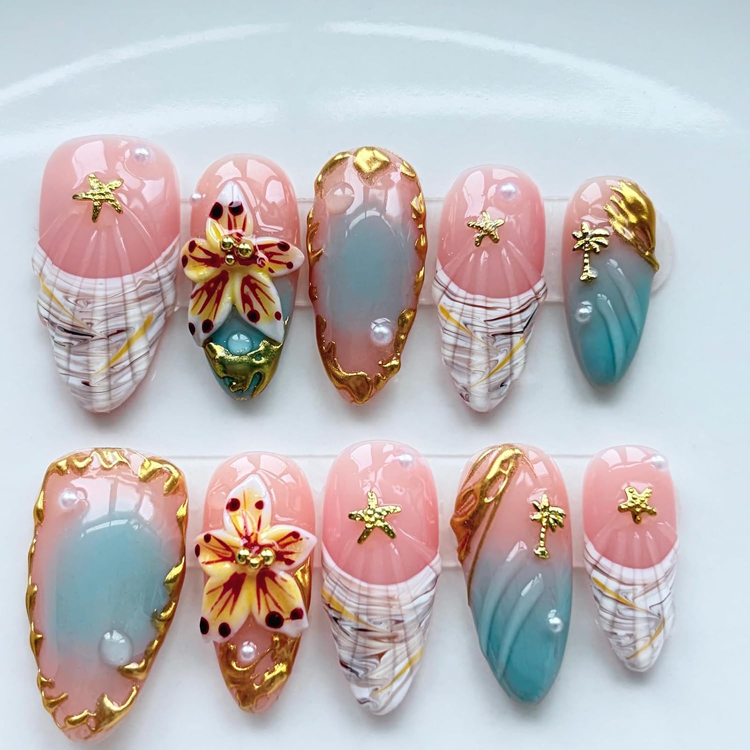 Press on Nails Medium Almond Nude Gradient - 3D Floral Design