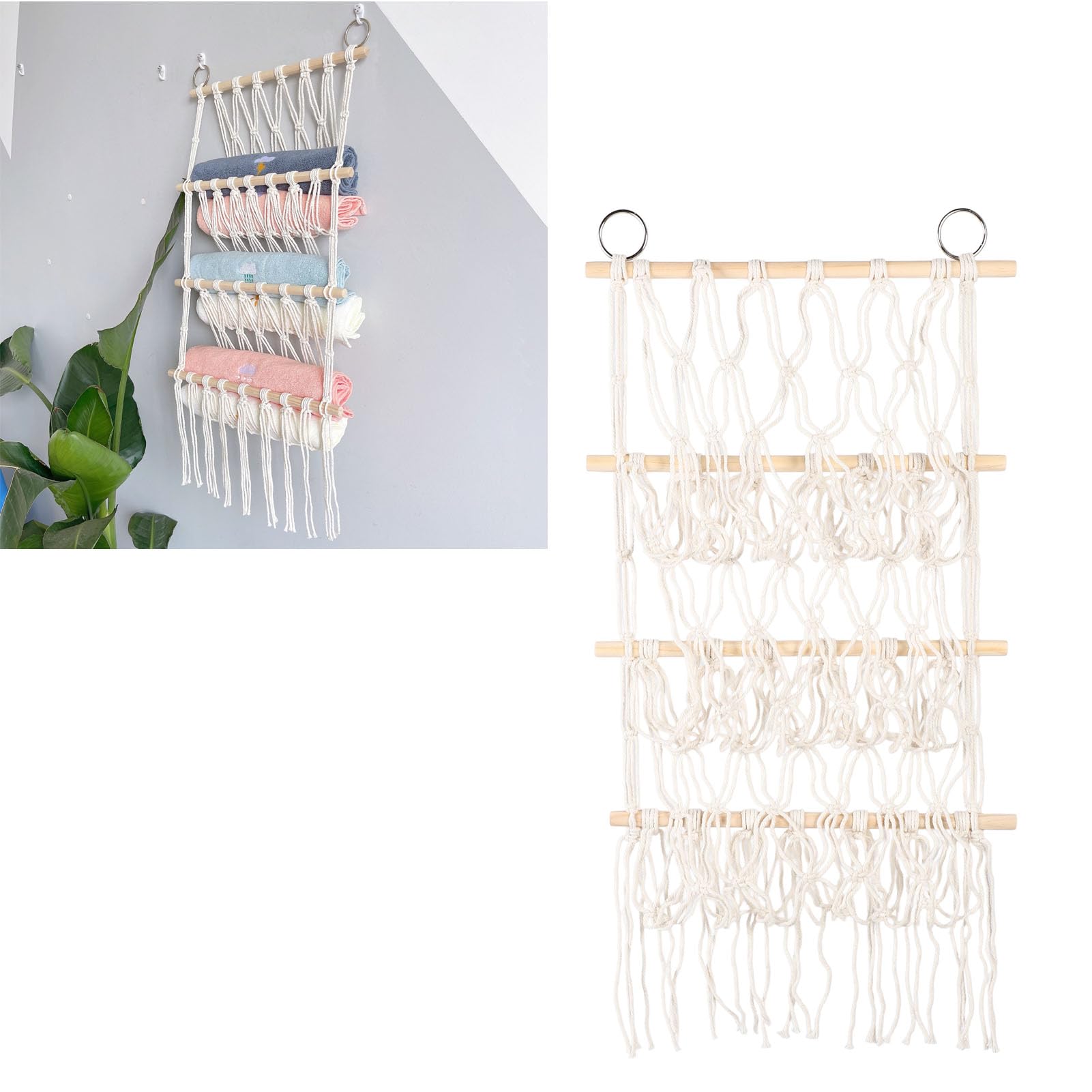 Multi Layer Stuffed Animal Net, Wall Hanging Stuffed Animal Holder, Plush Toy Display with Wooden Stick Mesh Plush Toy Organizer for Books Dolls Towels (3 Tier)