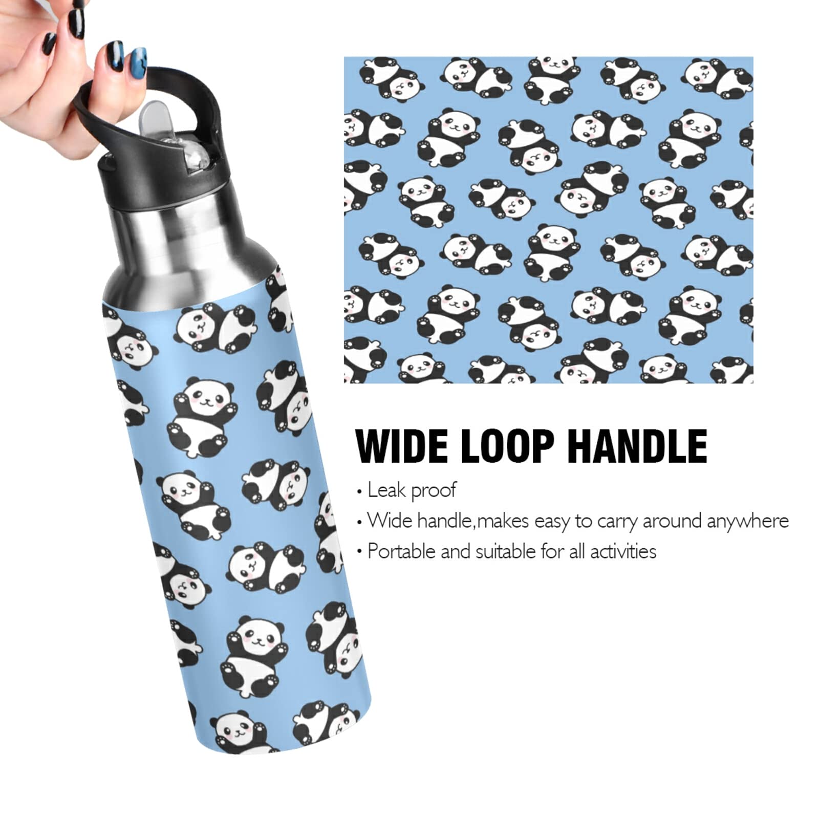 Vnurnrn Trinkflasche 600 Ml Mit Panda-Motiv – Edelstahl, Doppelwandig Isoliert, BPA-frei, Mit Strohhalm