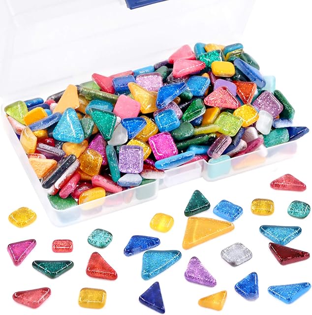 Swpeet 1 Pound Mixed Colors Shine Crystal Series Mosaic Tiles Assortment Kit, Square and Triangle Genuine Mosaic Tiles Glitter Crystal Mosaic Perfect for Home Decoration Crafts - Mosaic Tiles C