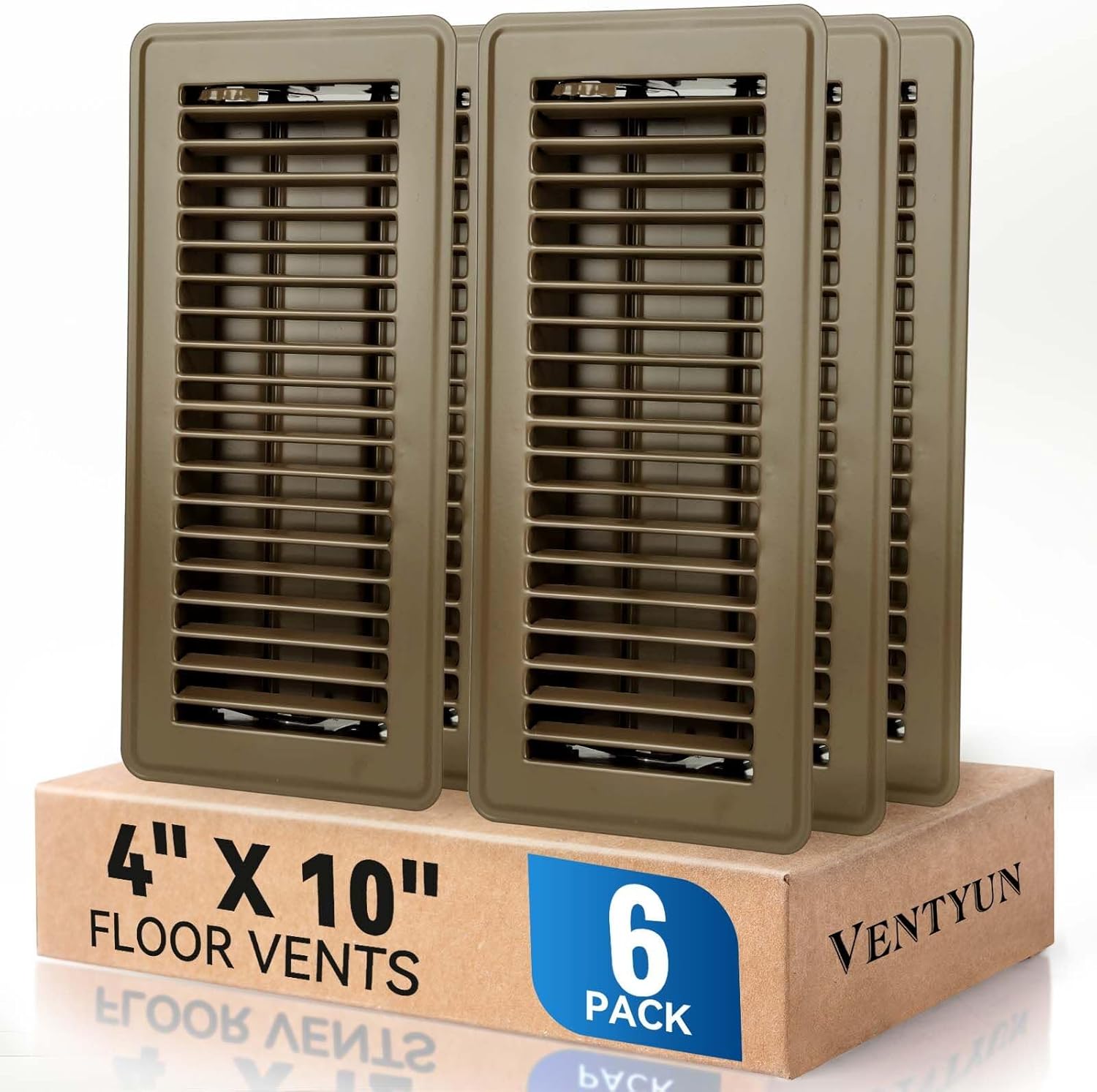 4" x 10" Floor Register Vent Covers 6-Pack, Walkable Powder-Coated Metal Vent Covers with Adjustable Airflow, Curved Safe Edges for Floor/Wall, Brown
