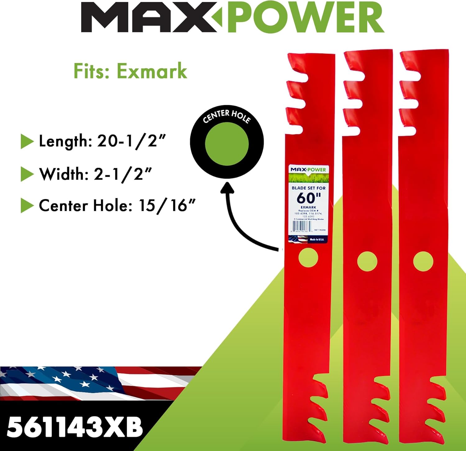 MaxPower 561143XB Commercial Mulching Blade Set for 60” Cut Exmark, Windsor, Replaces OEM No. 103-6398, 103-6393, 51-2810 and Many Others, Red