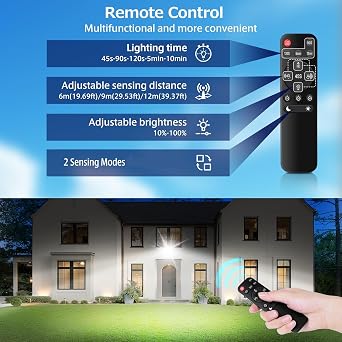 MEIHUA 42W Security Lights Outdoor Motion Sensor 3600LM with Remote Control | PIR Security Light, IP66 6500K Motion Sensor Lights Outdoor with 3 Adjustable Heads for Garden, Yard, Patio, Porch, Garage [Energy Class F]