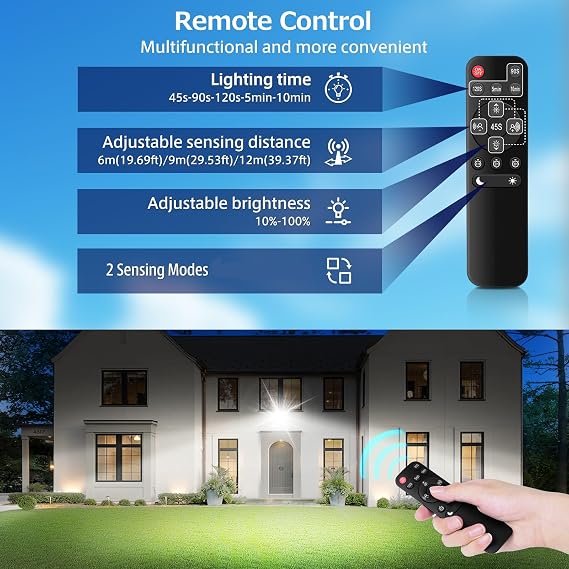 MEIHUA 42W Security Lights Outdoor Motion Sensor 3600LM with Remote Control | PIR Security Light, IP66 6500K Motion Sensor Lights Outdoor with 3 Adjustable Heads for Garden, Yard, Patio, Porch, Garage [Energy Class F]