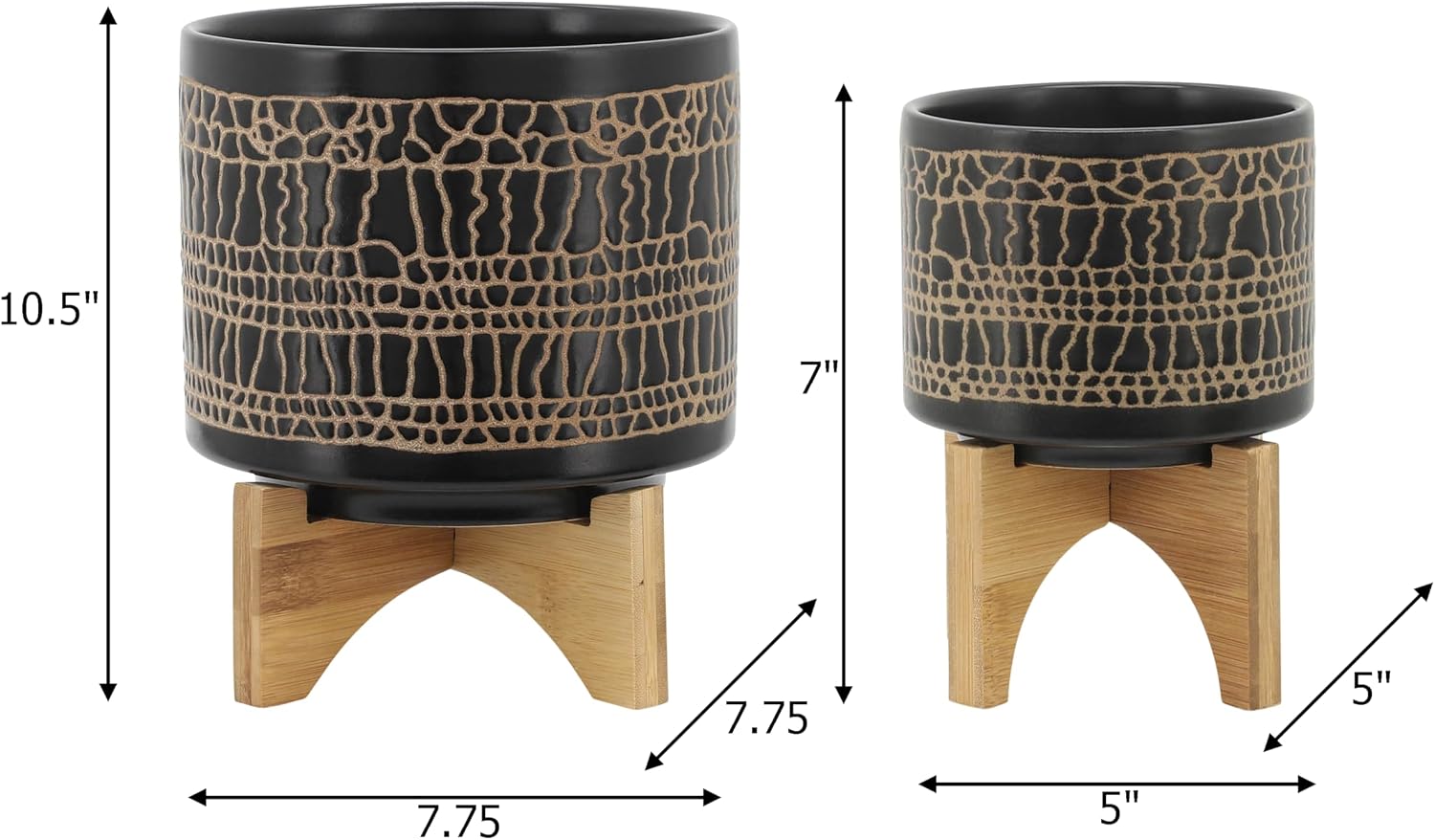 Set of 2 Glazed Decorative Planter Pot with Bamboo Wood Stand – Ceramic Stoneware Outdoor & Indoor Plant Pot – Modern Garden & Home Decor Planters – 7" & 11", Black