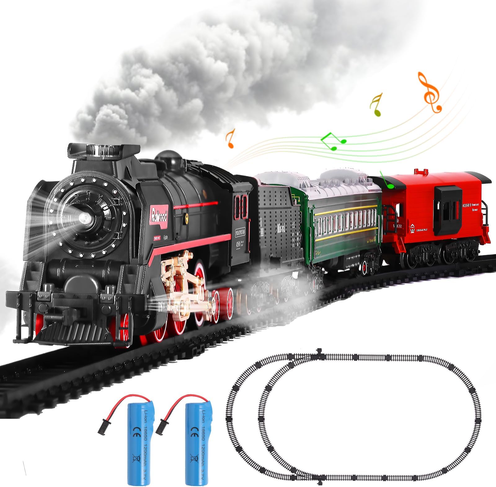 Train Set, Christmas Train Sets for Around The Tree Electric Train with Steam, Lights and Sound, Model Train Set for Kids Toy Gifts for 3 4 5 6 7 8+ Years Old (No Remote)