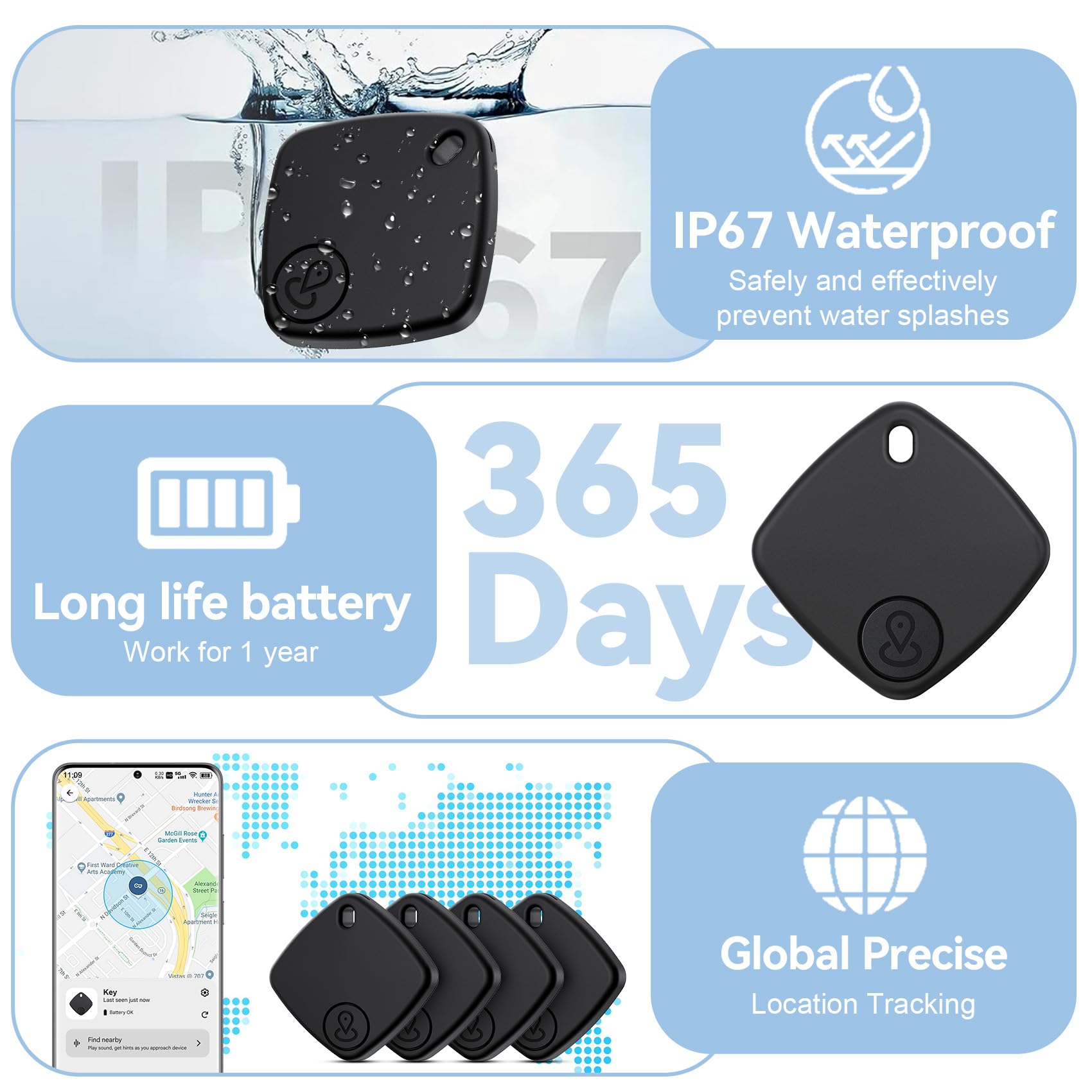 Smart Tracker Bluetooth 4 Pezzi IP67 Impermeabile Compatibile con Google Find Hub per Chiavi Bagagli Valigie (nero)