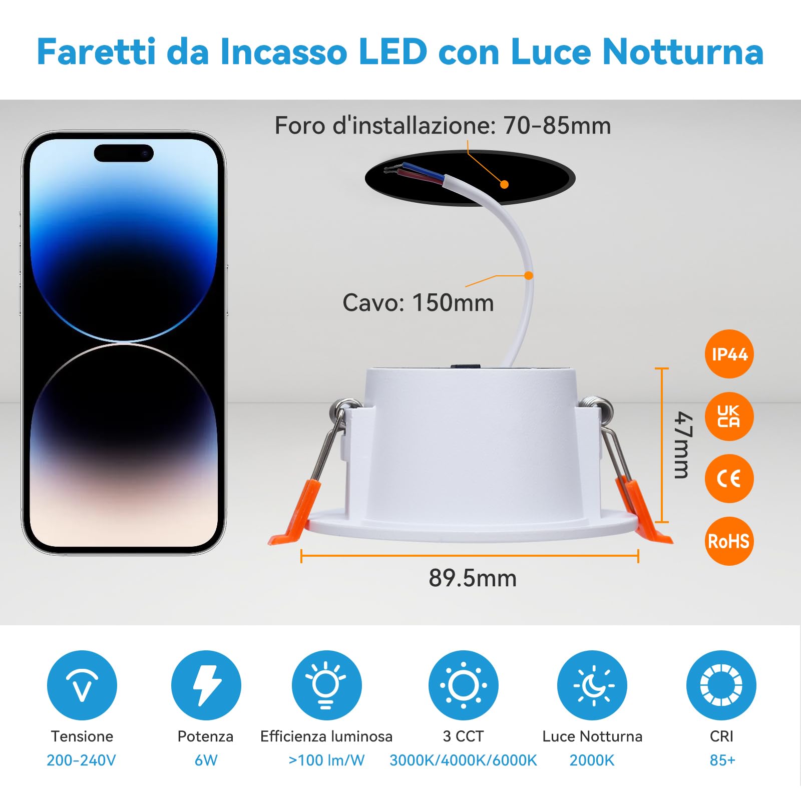KEELED Faretti LED da Incasso per Cartongesso con Luce Notturna, 6W, 3 Colori Selezionabili 3000K/4000K/6000K, 230V, Foro 70-85mm, Confezione da 24