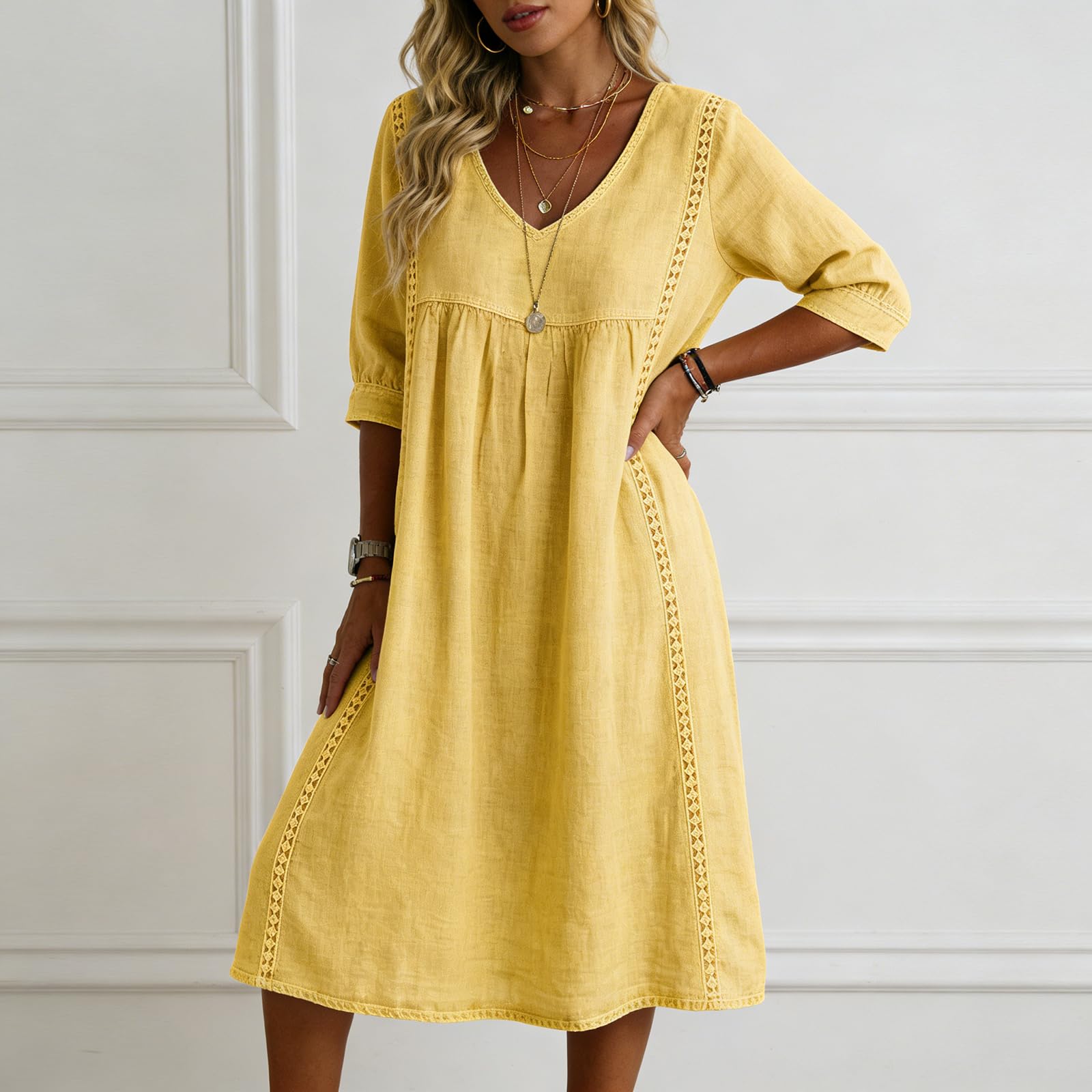Musselin Kleid Damen Lang Sommerkleid Damen Leicht Und Luftig Leinenkleid Sommer Kleider Mit Schleife A Linie Maxikleid Elegant Schick Sommerkleider 3/4 Ärmel Leinen Strandkleid Frauen Casual