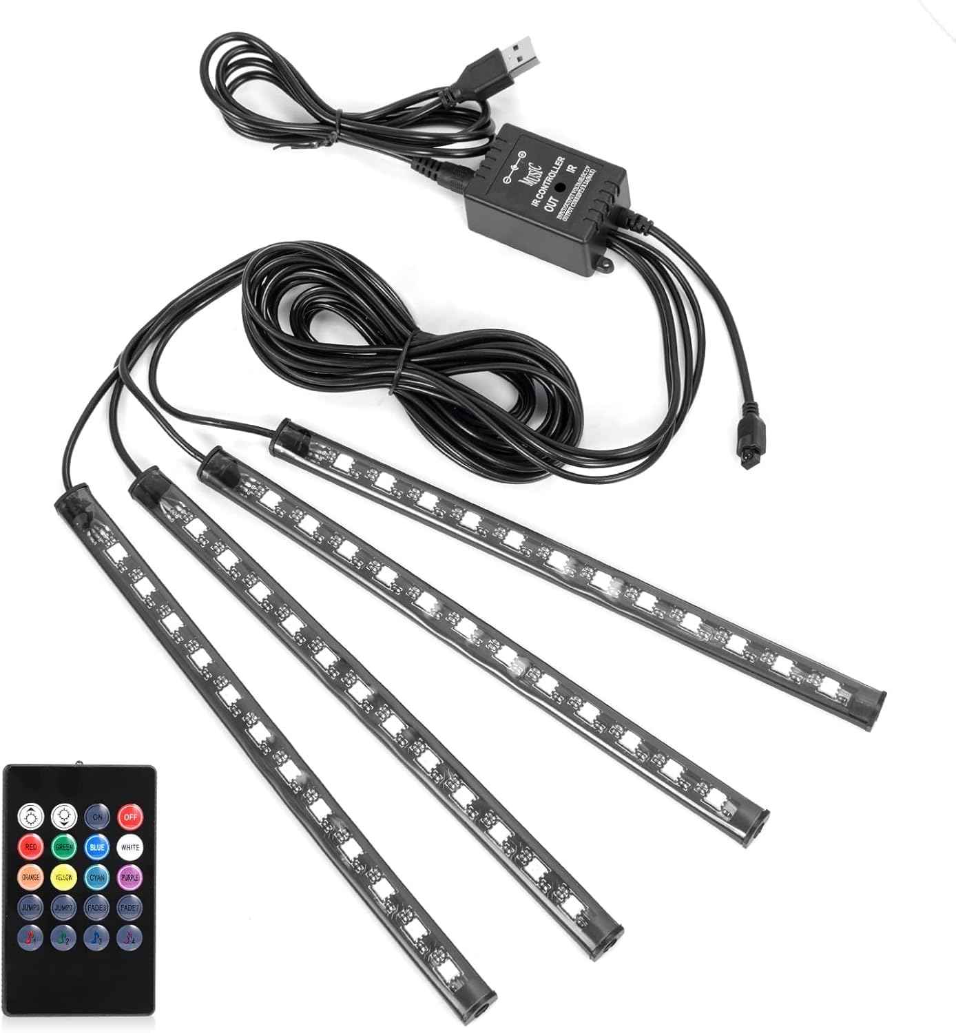 SUNNEST Samochodowe taśmy oświetleniowe LED, 4 szt., 48 USB LED, oświetlenie wewnętrzne, wielokolorowe, muzyczne, do samochodu, zestaw oświetleniowy z funkcją Sound Active i pilotem zdalnego