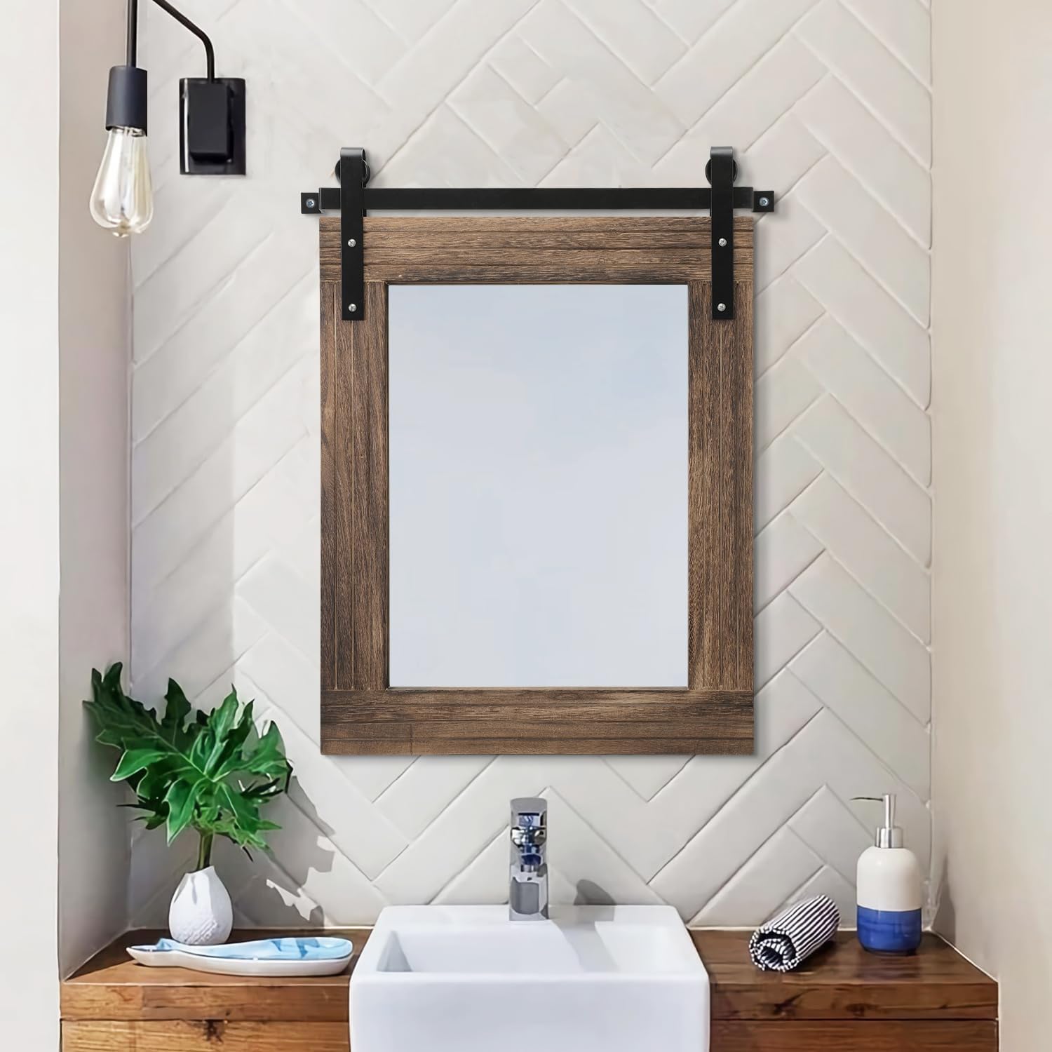 AAZZKANG Rustic Wood Mirror Rectangle Decorative Wall Mirrors Large with Frame for Bedroom Living Room Bathroom Entryway Hanging 20"x16"