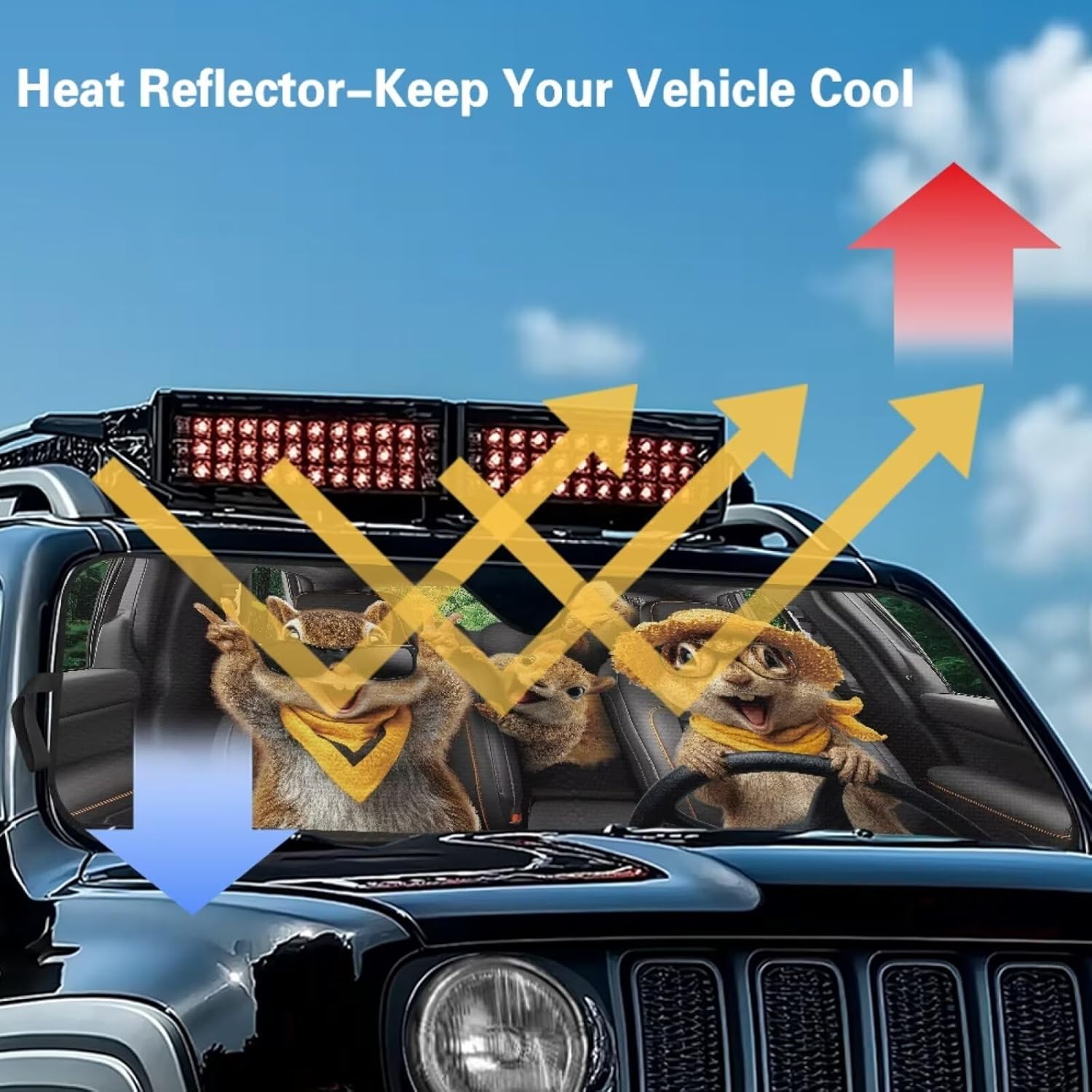 Pensura Windshield Sun Shade Sunshade Funny Squirrel Driving Heat Shield Compatible with Jeep Wrangler JK JKU TJ 1997-2018 & 2020-2025 Jeep Gladiator JT Protect Your Car from Sun Heat