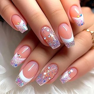 French Tip Press on Nails Short Ballet Shaped Artificial Acrylic Fake Nails Glitter Powder Rhinestones Design Glossy Stick on Nails Full Cover Reusable Coffin Artificial Fingernails for Women 24Pcs