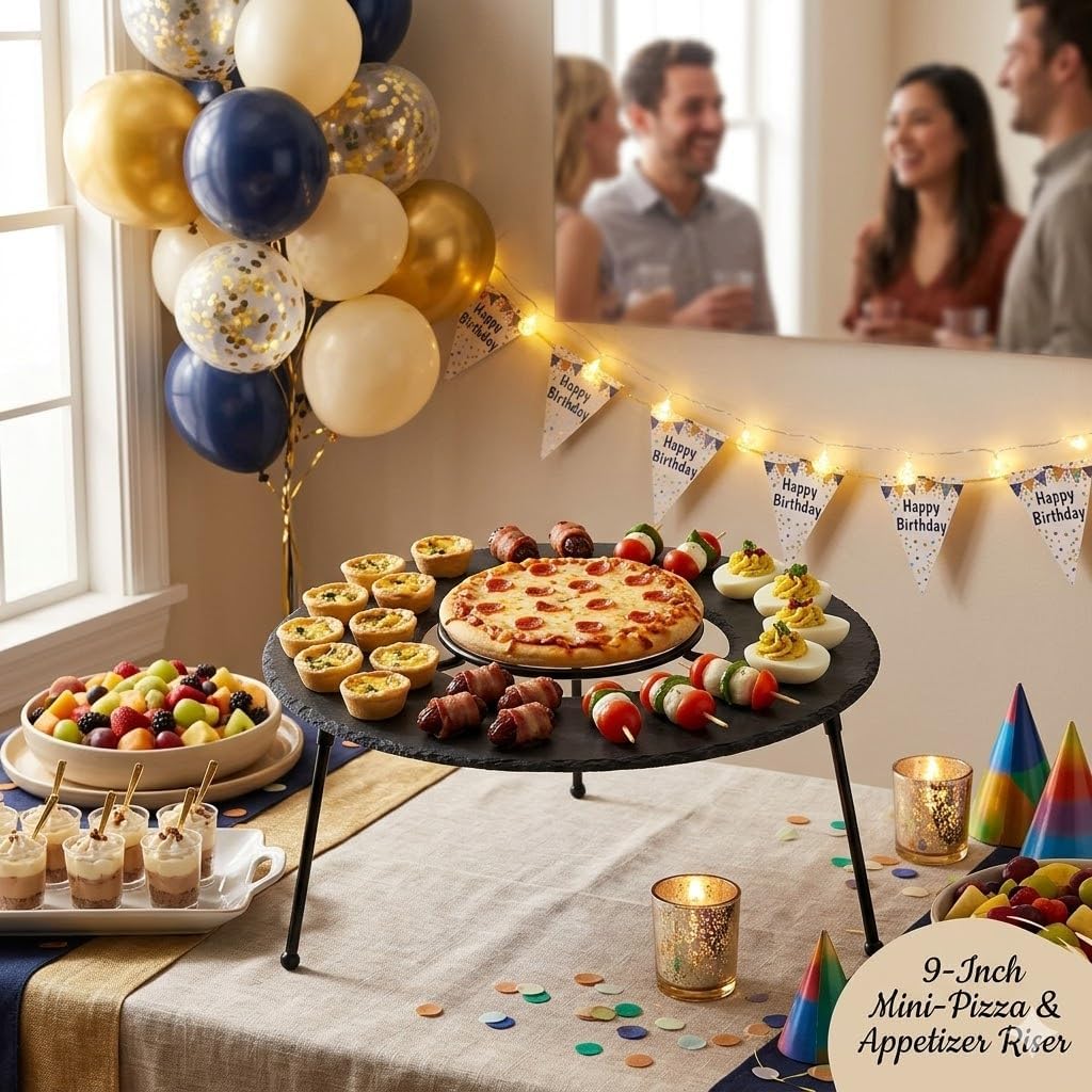 HOHIYA 4 Pack 9" Pizza Stand Riser Display Heavy Duty Metal Food Holder for Pizza Cake Dessert & Buffet Table Space Saving Serving Platter Stand, Non-Slip, Black