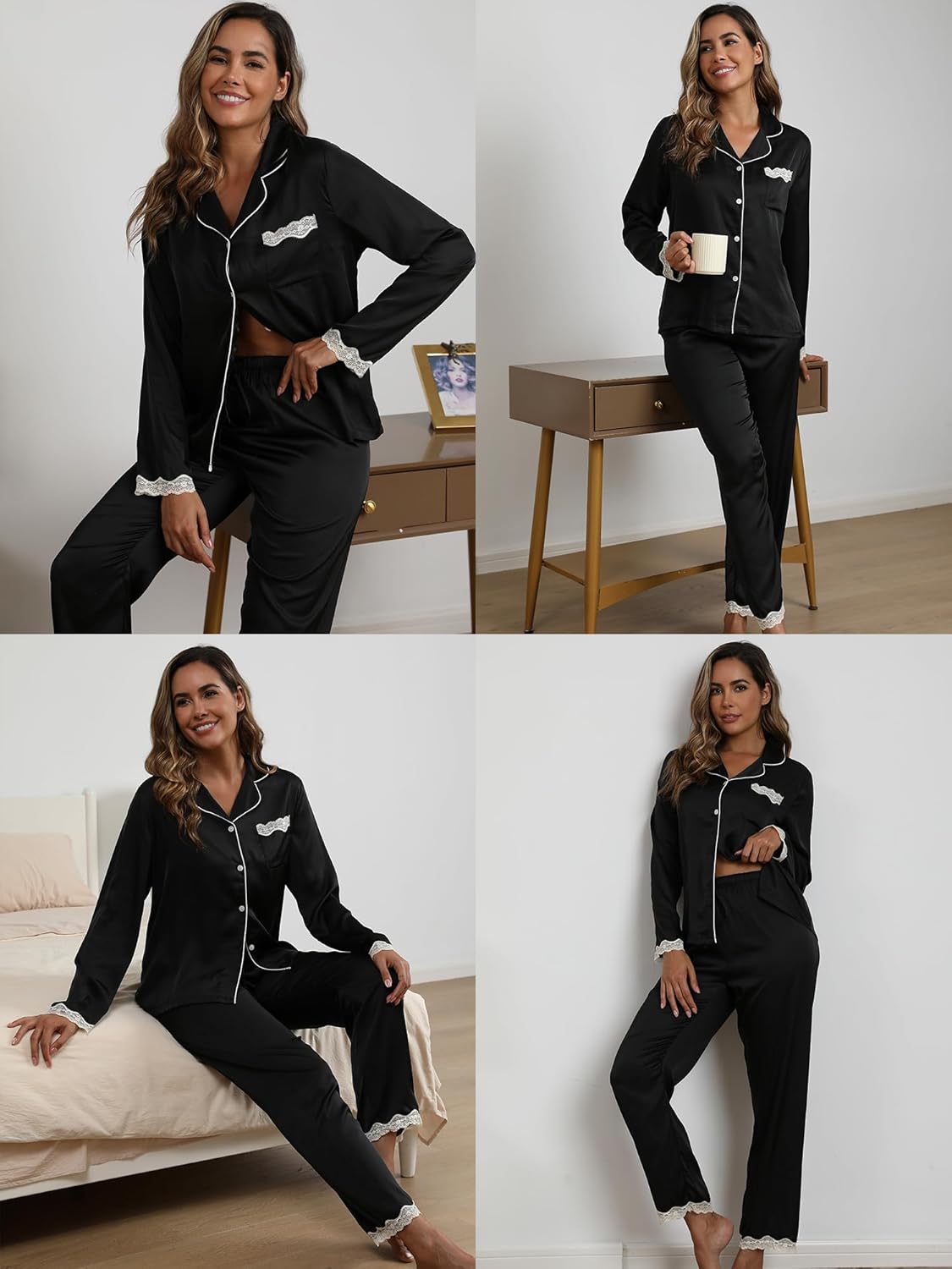 Silk Satin Pajama Sets Women 2 Piece Long Sleeve Sleepwear Soft Button-Down Top with Lace Trim Loungewear Pjs Lounge - Image 5