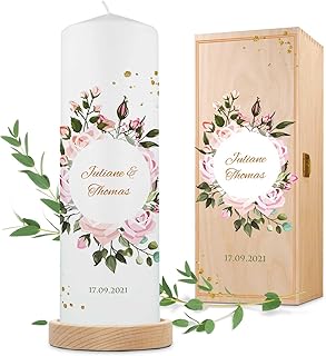 GRAVURZEILE Bedruckte Kerze - Summer & Flower - Personalisiert mit Namen, Datum & Wunschtext - Personalisiertes Geschenk zur Hochzeit als Hochzeitskerze und Traukerze - Stumpenkerze 250/80 mm