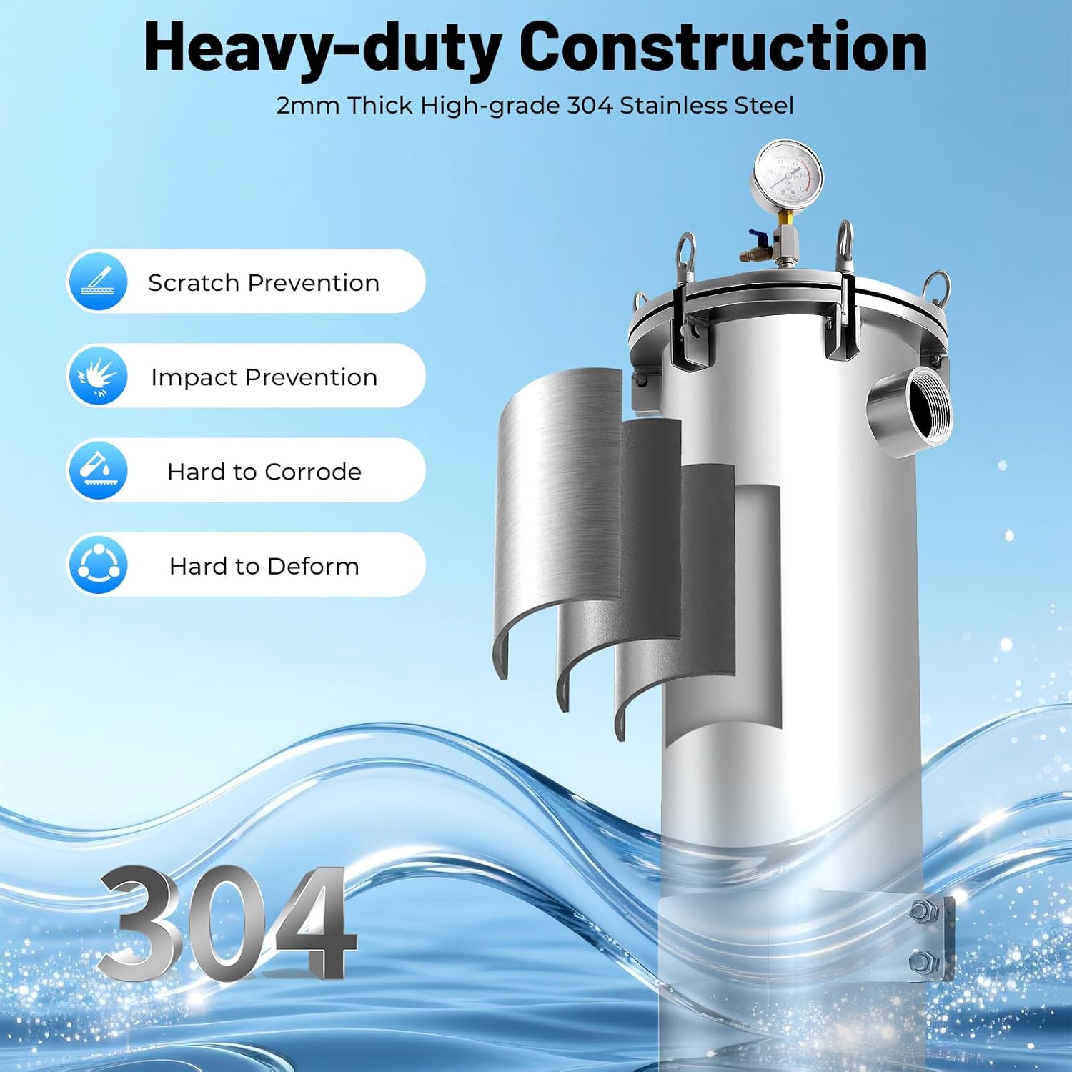 Filter Housing, Stainless Steel Bag Filter 2 Inch NPT, 304 Filtration System with High Efficiency, 4.95 Sq Ft Area, 1.0MPa Pressure Gauge, Industrial High-Pressure Filtration System