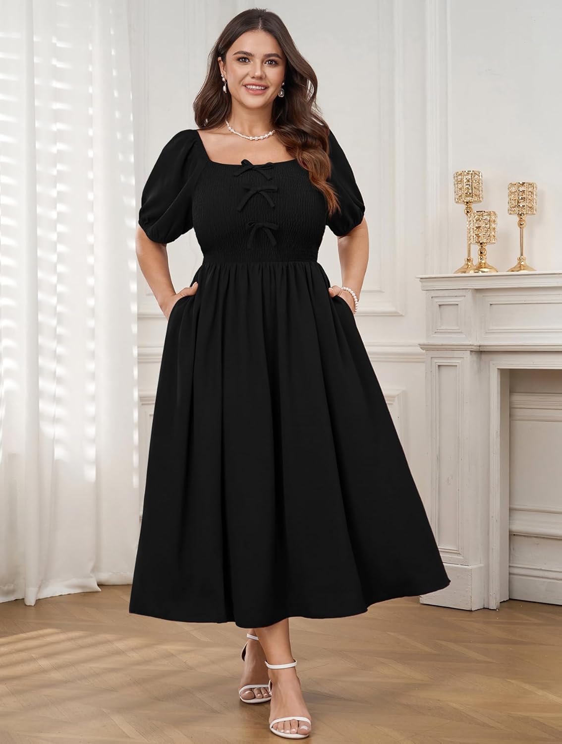 SCOMCHIC Women's Plus Size Cocktail Dress Milkmaid Bow Front Short Sleeve Square Neck Smocked Wedding Guest Maxi Dress - Image 5