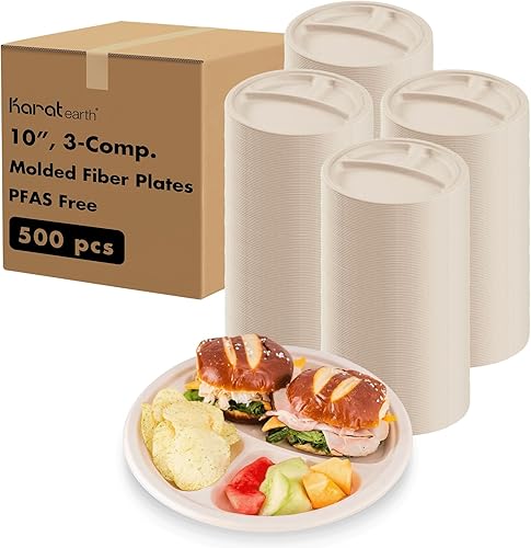 KARAT EARTH Platos compostables de bagazo 10" - 500 ct 3 compartimentos, biodegradables, aptos para microondas, sin PFAS  Color natural