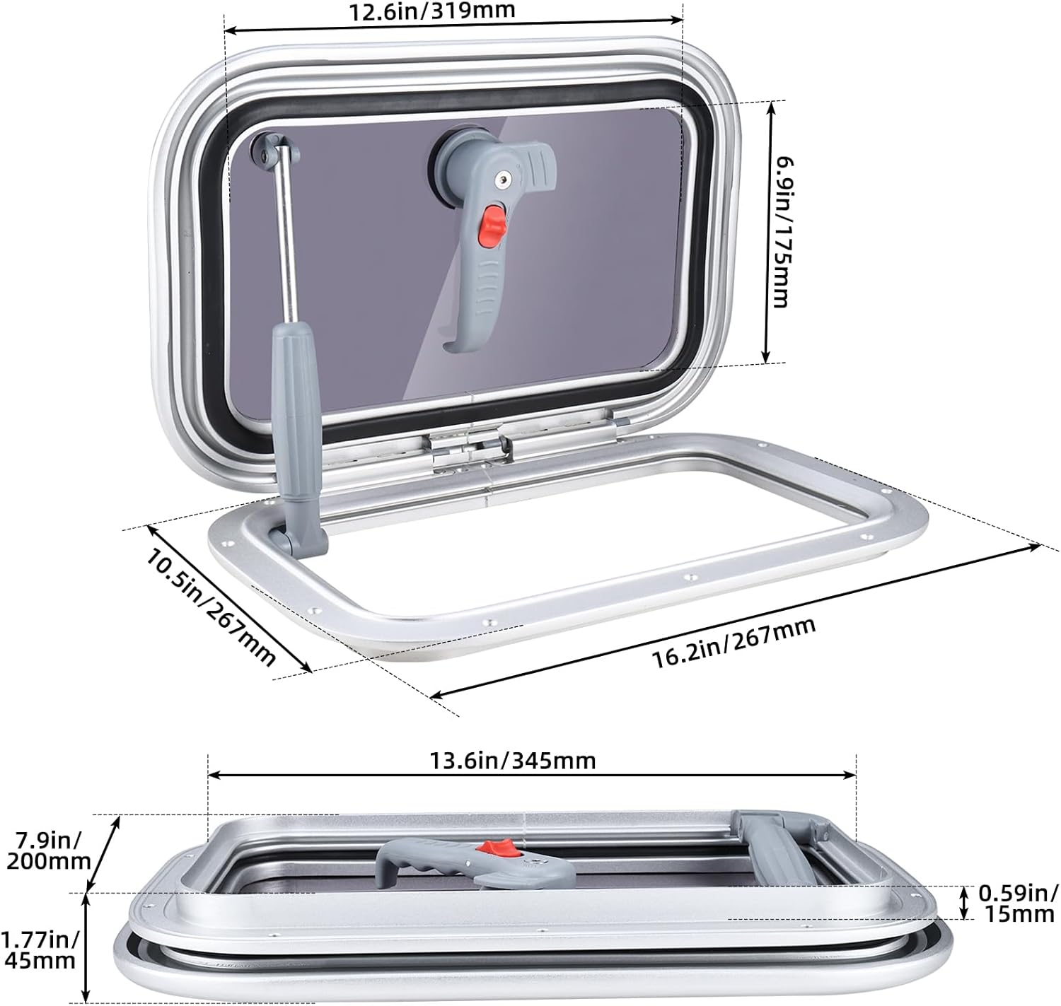 NovelBee 16.2" x10.5" Rectangular Deck Hatch,Aluminum Alloy Boat Porthole Window,Push Out Opening Portlight Window for Boat Yacht RV