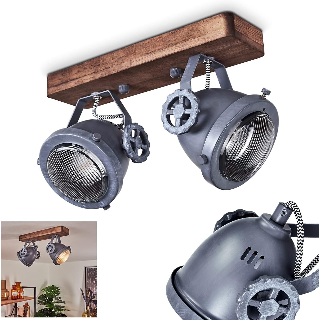 Deckenleuchte Orny - Vintage Pendelleuchte Mit Holz/Metall Und Verstellbaren Strahlern