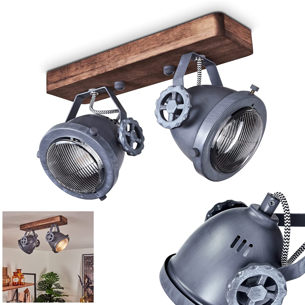Hofstein Gray Ceiling Lamp Herford, 2-Flame Room Lamp In Metal And Wood In Brown And Grey With Glass Lampshade, Spots Are Rotatable And Tiltable, 2 X Gu10, Without Bulb