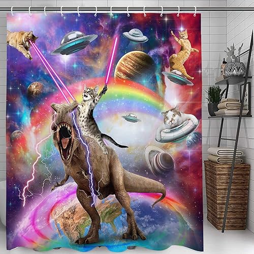 Miniatura 3 de Divertida cortina de ducha con diseño de gato para niños, decoración de baño de dinosaurios montados sobre galaxia fantástica, tela de anime con 12