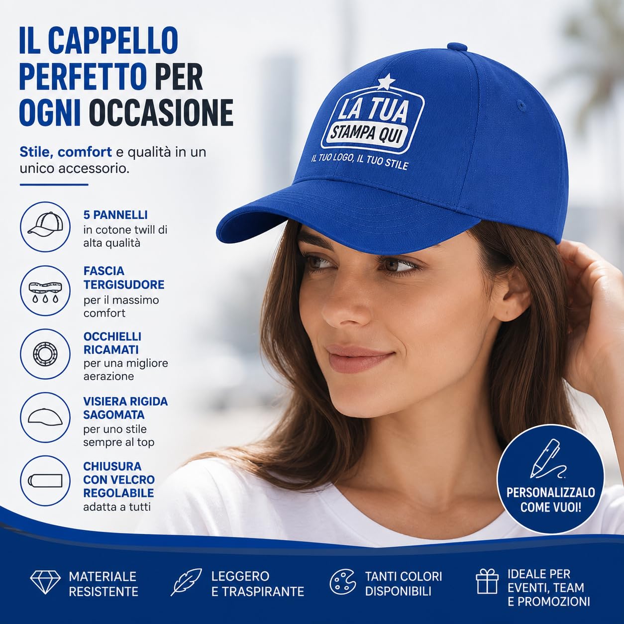 Stock da 10 Cappellini Personalizzati con Logo Gadget Personalizzabili Promozionali con Stampa per Eventi, Gite, Fiere, Aziendali Berretti Pubblicitari da Uomo e Donna Stampati con Visiera