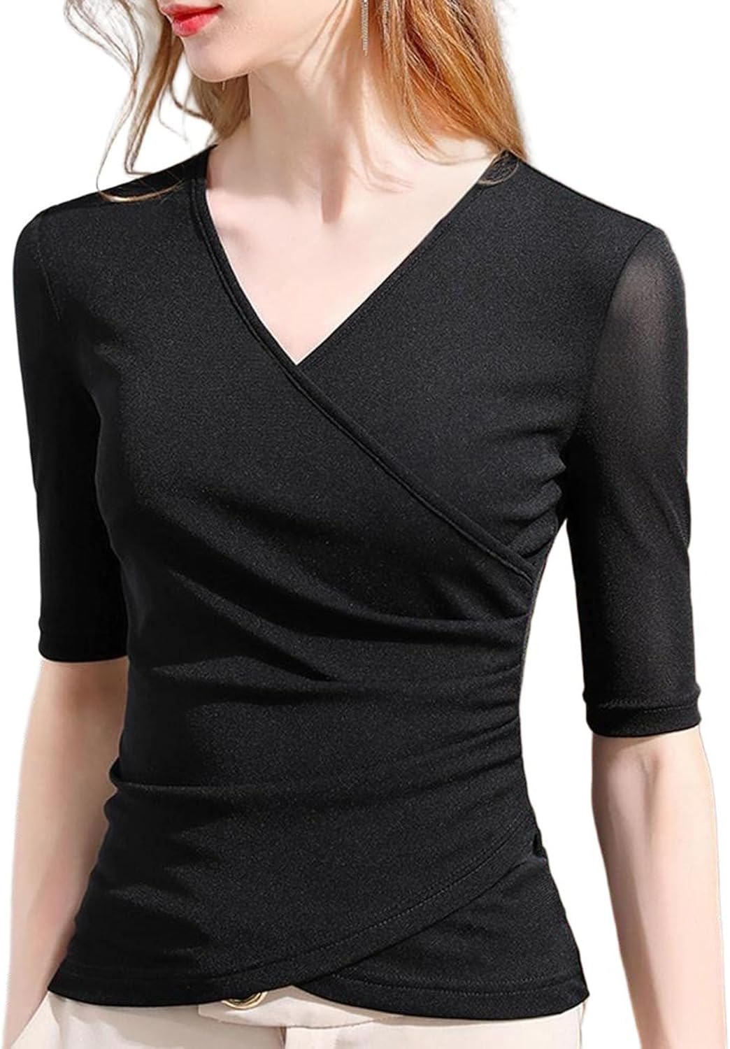 METWEY Wrap Tops for Women Summer Mesh Ruched Top Trendy 2025 Date Outfits V Neck Business Casual Work T Shirts Blouse