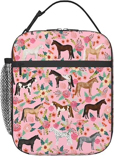 Fiambrera de caballo floral rosa aislada linda bolsa de almuerzo reutilizable bolsa de mano para mujeres hombres picnic viaje