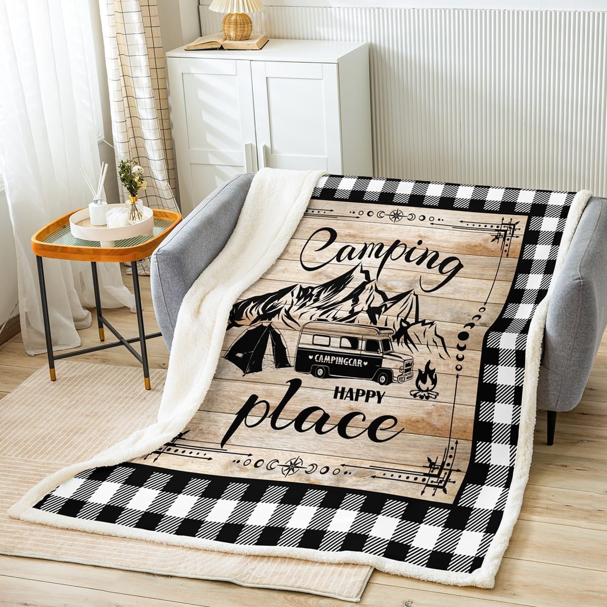 Erosebridal RV Camper Blanket for Boys Girls Kids Camping Blanket Throw for Bed Couch,Geometric Black and White Checkered Fleece Blanket Rustic Cabin Style Bed Blankets for Travel Trailer 50"x60"