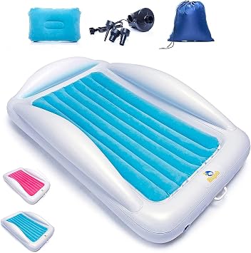 Sleepah Inflatable Toddler Travel Bed Portable Kids Air Mattress Set w Safety Bed Rail Guards for Kids & Toddlers - Set Includes Pump, Carry Case, Pillow & More - Perfect Transitional Cot Aqua