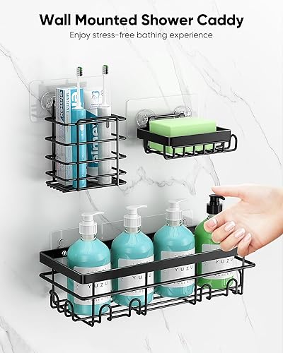 Miniatura 2 de POKIPO Paquete de 5 organizadores de ducha adhesivos con jaboneras y soporte para cepillos de dientes y 20 ganchos, estante grande de acero