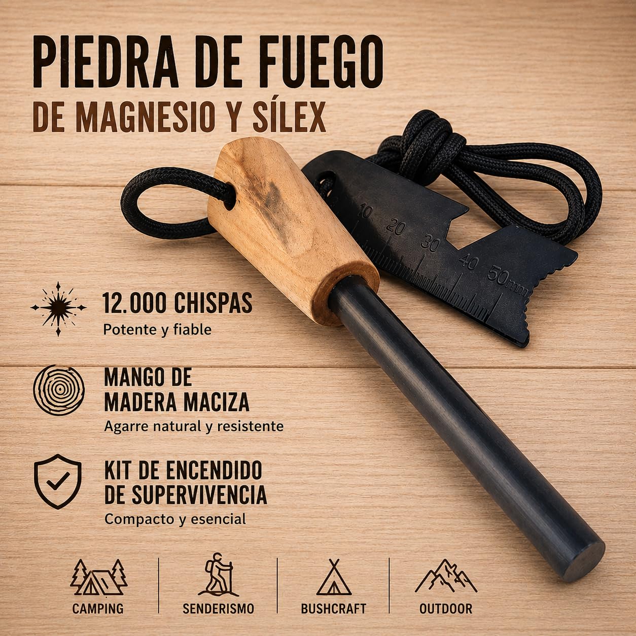 Piedra de Fuego de Magnesio y Pedernal 7 en 1 – Encendedor de Supervivencia con Mango de Madera Maciza, 10.000 Chispas
